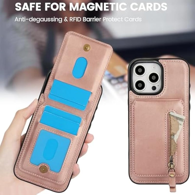 CCSmall Detachable Magnetic Wallet Case for iPhone 16 Pro Max Compatible with MagSafe, PU Leather RFID Barrier Phone Cover Case with Cash Zipper Pocket Card Slots for iPhone 16 Pro Max ZFT Rose Gold - Image 2